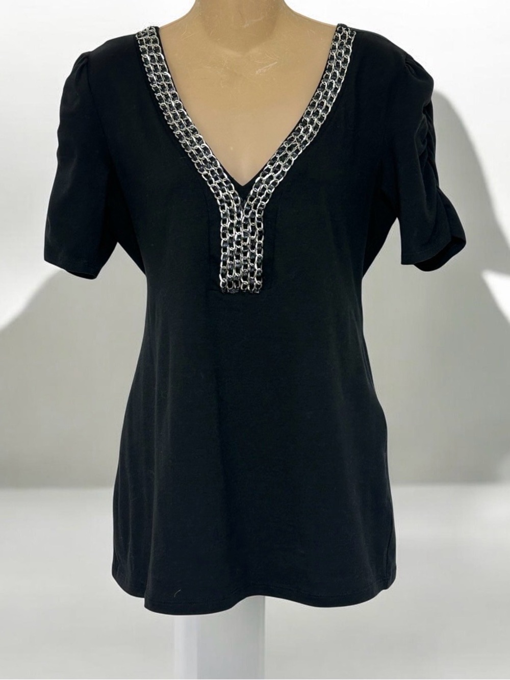 Frederick's of Hollywood Black Short Sleeve V-Neck Top with Silver Chain Trim